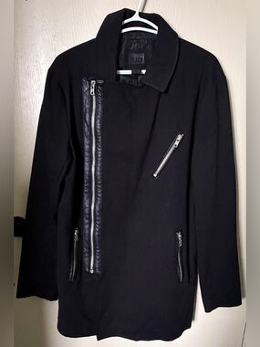 Men's Black Pea Coat with Zipper Accents